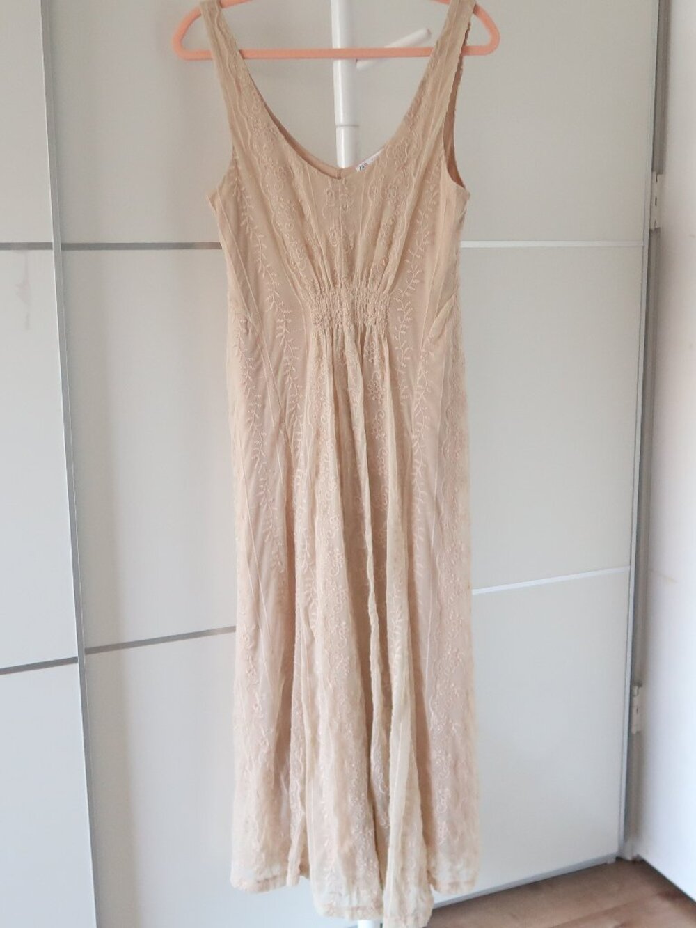 Zara Beige Embroidered Lace Mesh Maxi Dress Sleeveless Boho Romantic Whimsical S